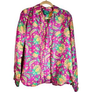 Vintage 100% Silk Paisley Button Down L — Vibrant 90s Psychedelic Blouse